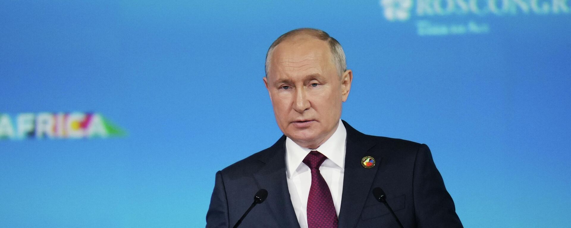 Vladímir Putin, presidente de Rusia, durante su discurso en la sesión plenaria de la segunda cumbre y foro económico y humanitario Rusia-África - Sputnik Mundo, 1920, 29.07.2023
