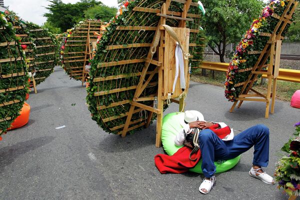 Un participante en el Desfile de Silleteros de Medellín descansa junto a unos ramos de flores. - Sputnik Mundo