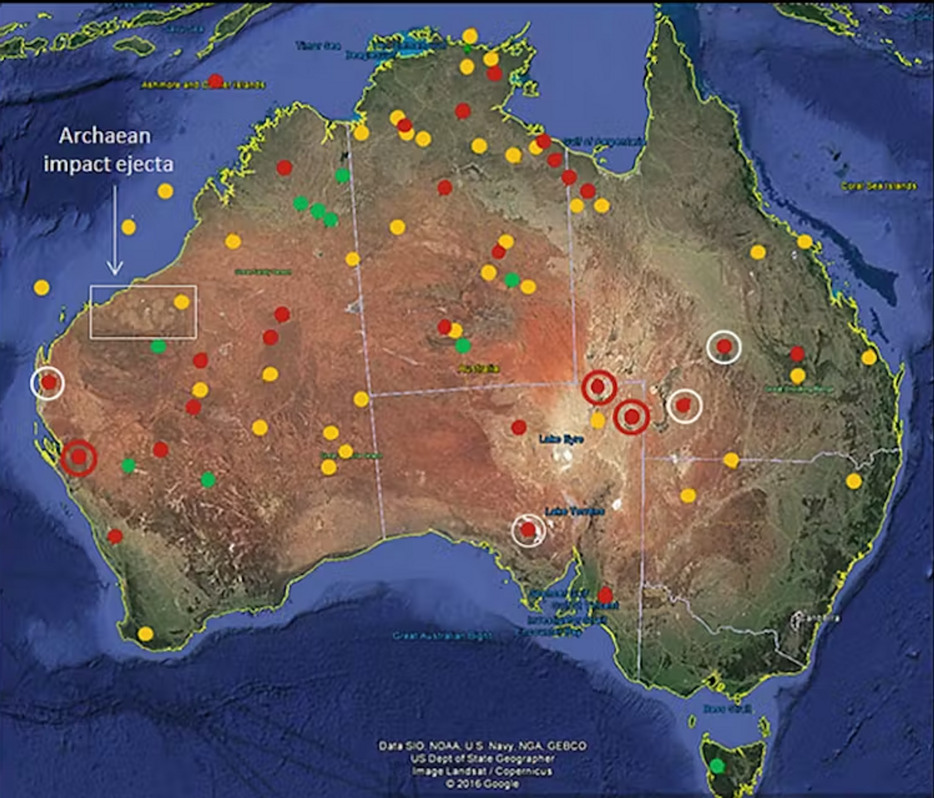 Este mapa muestra la distribución de las estructuras circulares de origen incierto, posible o probable en el continente australiano y en alta mar. Los puntos verdes representan cráteres de impacto confirmados. Los puntos rojos representan estructuras de impacto confirmadas de más de 100 km de ancho, mientras que los puntos rojos dentro de círculos blancos tienen más de 50 km de ancho. Los puntos amarillos representan estructuras de impacto probables - Sputnik Mundo, 1920, 11.08.2023