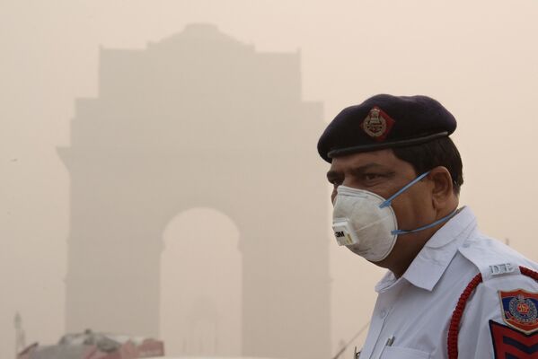 Un policía con mascarilla protectora en el monumento la Puerta de la India, en Nueva Delhi, India. - Sputnik Mundo
