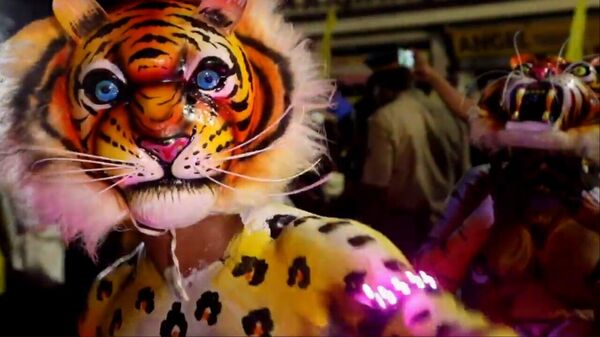 Cientos de personas disfrazadas de tigre salieron a la calle para celebrar el festival cultural folclórico Pulikali en la India - Sputnik Mundo