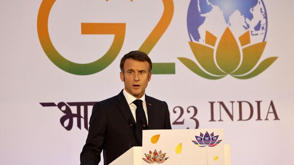 El presidente francés, Emmanuel Macron, en la cumbre del G20 en Nueva Delhi - Sputnik Mundo
