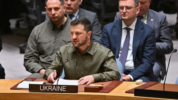 El presidente de Ucrania, Volodímir Zelenski, durante una sesión de la 78 Asamblea General de las Naciones Unidas - Sputnik Mundo