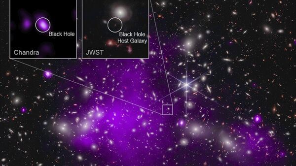 Esta imagen con anotaciones proporcionada por la NASA el lunes 6 de noviembre de 2023, muestra datos del Observatorio de Rayos X Chandra de la NASA y del Telescopio James Webb que indica un agujero negro en crecimiento tan solo 470 millones de años después del big bang. Se trata del agujero negro más antiguo descubierto hasta la fecha. - Sputnik Mundo
