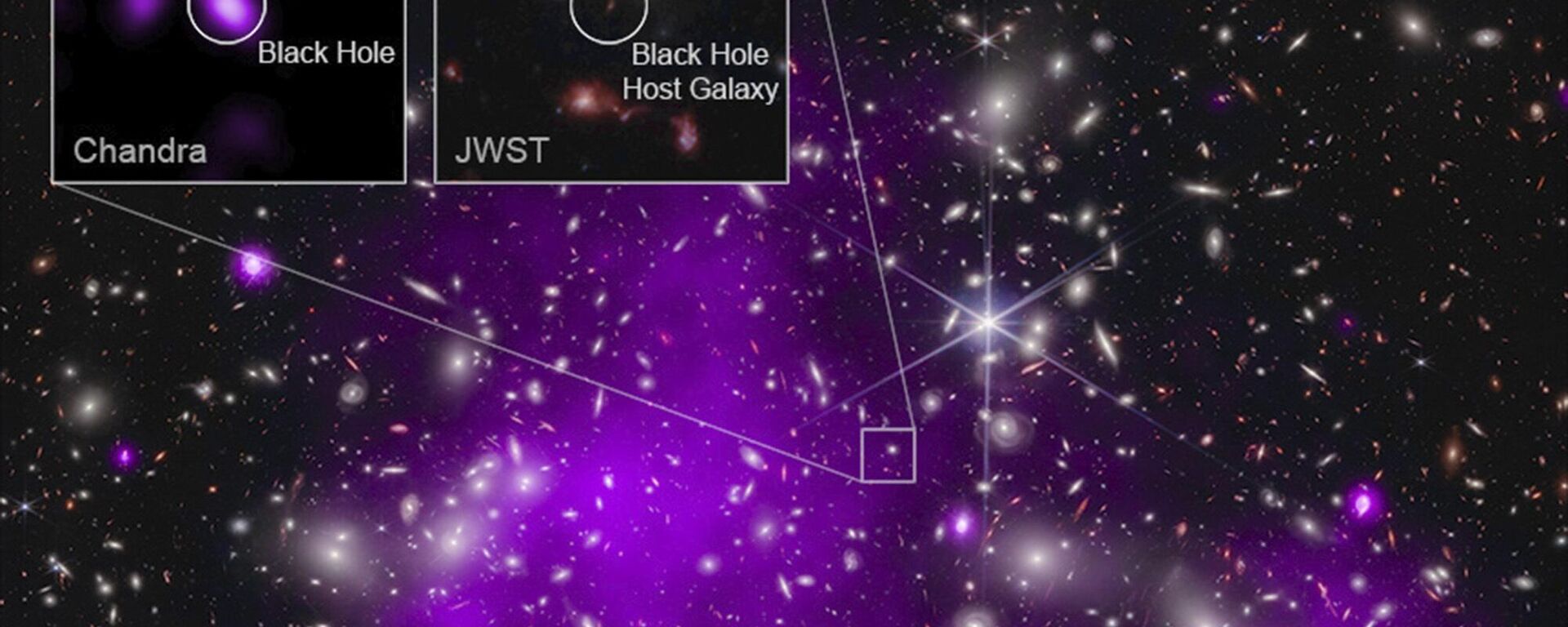 Esta imagen con anotaciones proporcionada por la NASA el lunes 6 de noviembre de 2023, muestra datos del Observatorio de Rayos X Chandra de la NASA y del Telescopio James Webb que indica un agujero negro en crecimiento tan solo 470 millones de años después del big bang. Se trata del agujero negro más antiguo descubierto hasta la fecha. - Sputnik Mundo, 1920, 07.11.2023
