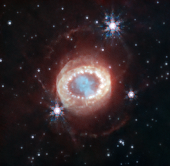 La NASA publicó una imagen en el espectro infrarrojo cercano de la supernova SN 1987A tomada por el telescopio espacial James Webb. La SN 1987A se encuentra en la Gran Nube de Magallanes, a una distancia de 168.000 años luz de la Tierra. - Sputnik Mundo