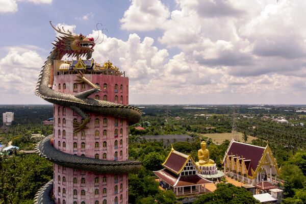 El templo budista de Wat Sam Phran (Templo del Dragón), en Nakhon Pathom, Bangkok, Tailandia. Es famoso por la enorme figura del dragón enroscada alrededor del edificio cilíndrico rosa junto a las estatuas de Buda y los edificios religiosos del complejo de templos budistas tradicionales. - Sputnik Mundo