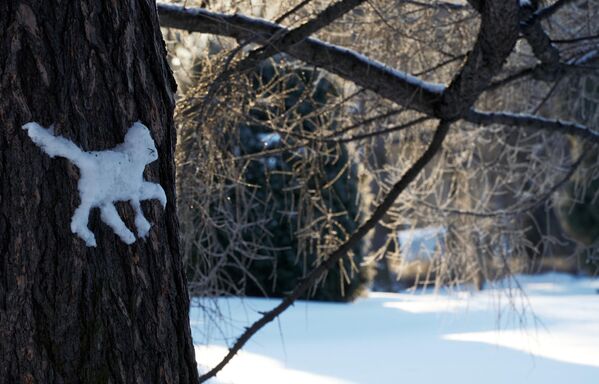 Una figura de nieve sobre el tronco de un árbol en San Petersburgo. - Sputnik Mundo
