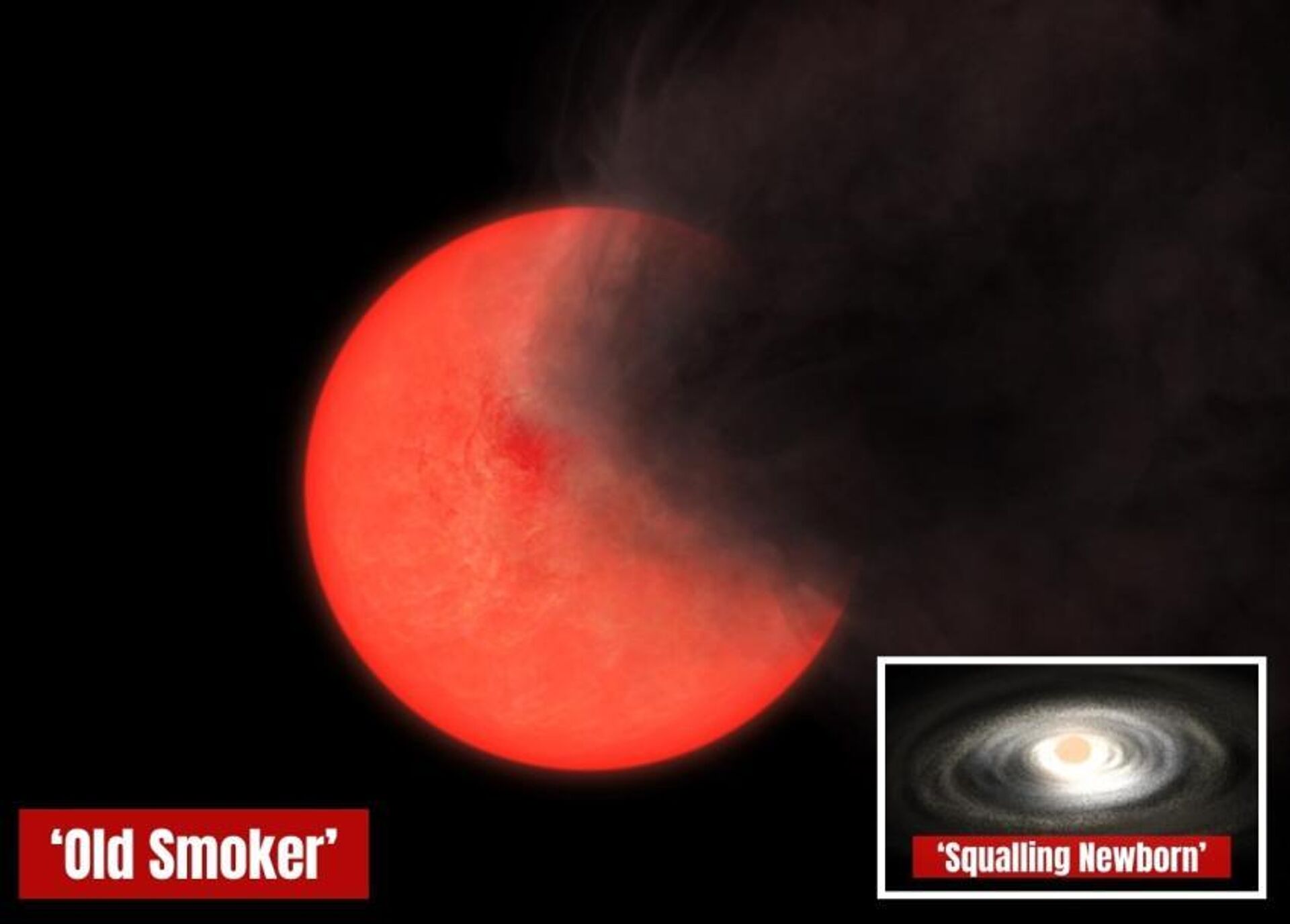 Una nube de gas y polvo expulsada por un nuevo tipo de estrella gigante roja apodada vieja fumadora (una impresión artística) - Sputnik Mundo, 1920, 27.01.2024