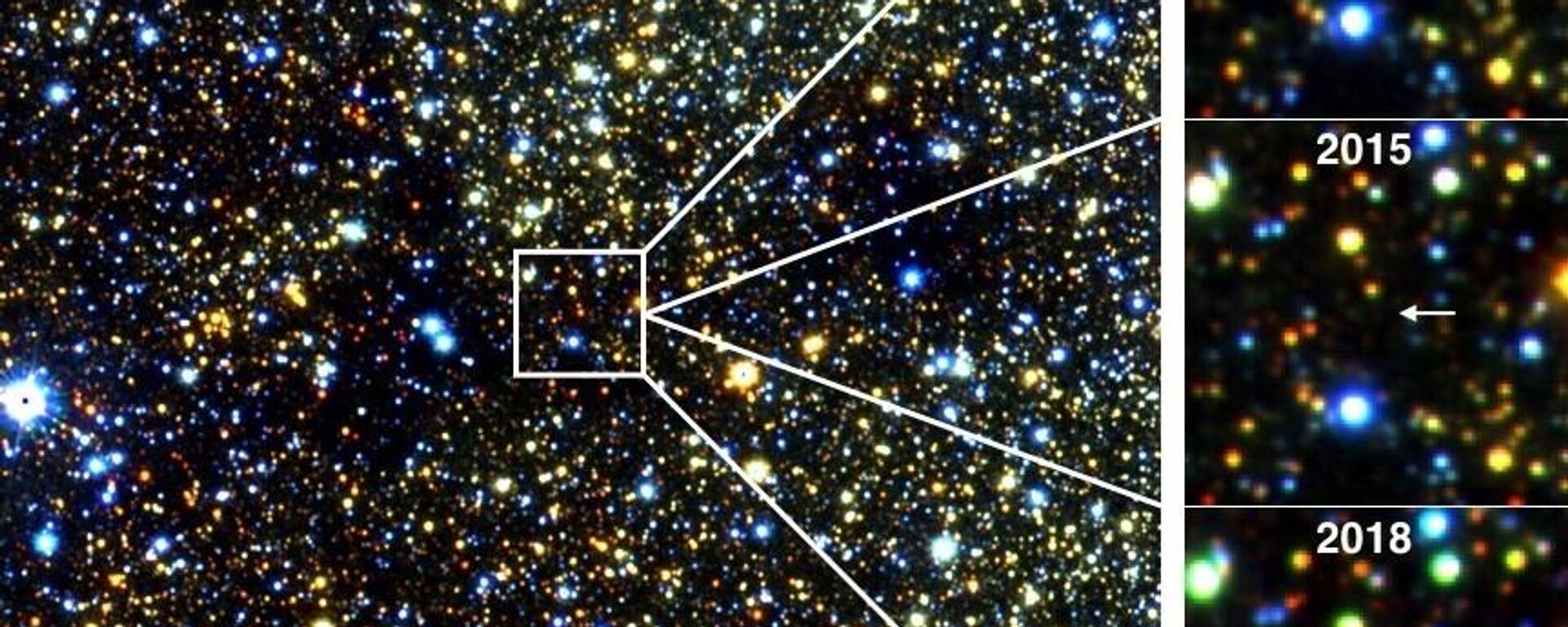 Imágenes infrarrojas de una estrella gigante roja situada a unos 30.000 años luz, cerca del centro de la Vía Láctea, que se desvaneció y reapareció en el transcurso de varios años - Sputnik Mundo, 1920, 27.01.2024
