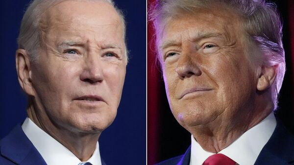 El presidente Joe Biden habla el 10 de agosto de 2023 en Salt Lake City, a la izquierda, y el expresidente Donald Trump habla el 8 de julio de 2023 en Las Vegas - Sputnik Mundo