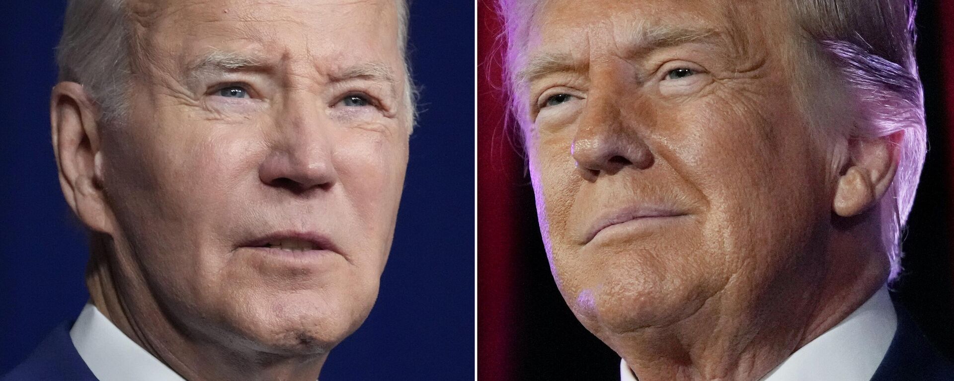 El presidente Joe Biden habla el 10 de agosto de 2023 en Salt Lake City, a la izquierda, y el expresidente Donald Trump habla el 8 de julio de 2023 en Las Vegas - Sputnik Mundo, 1920, 13.03.2024