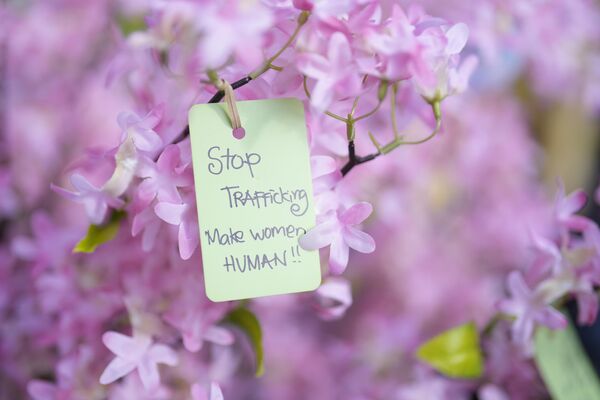 Una nota clavada en un cerezo en flor llamando a erradicar la violencia contra las mujeres, Seúl, Corea del Sur. - Sputnik Mundo