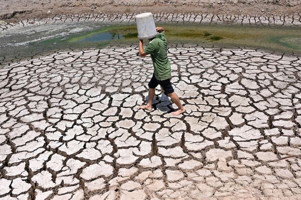 Un hombre llevando un cubo de plástico por el lecho agrietado de un estanque seco en Ben Tre, Vietnam. - Sputnik Mundo