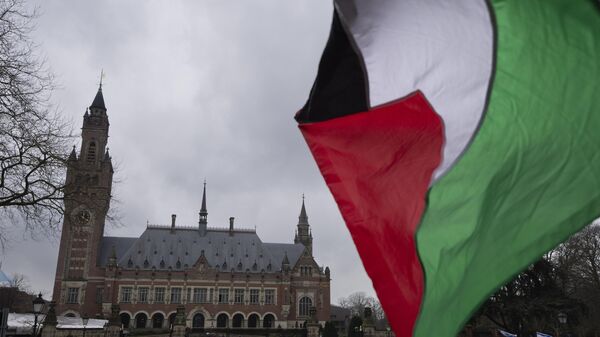 Una bandera palestina ondea frente al tribunal más alto de las Naciones Unidas, en la parte trasera, durante audiencias históricas en La Haya, Países Bajos, el miércoles 21 de febrero de 2024, sobre la legalidad de los 57 años de ocupación israelí de Cisjordania y Jerusalén oriental - Sputnik Mundo