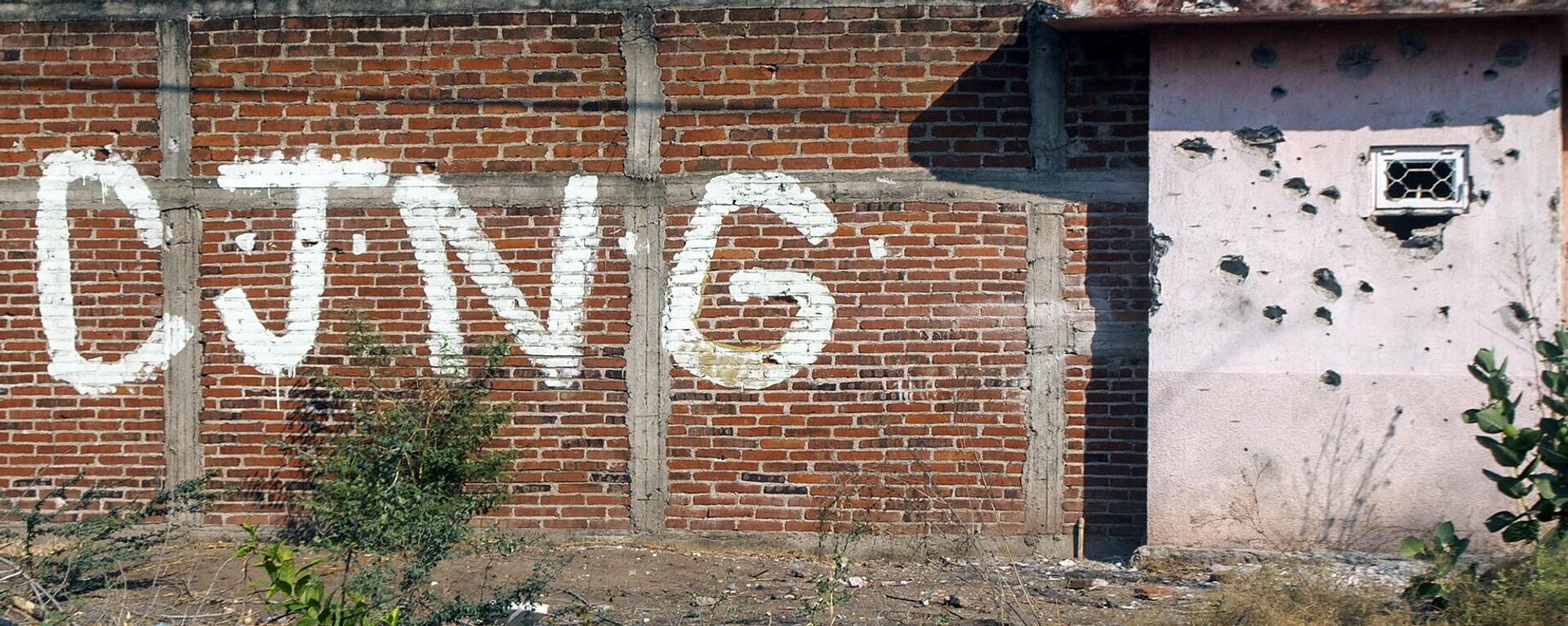 Vista de un muro acribillado a balazos con las iniciales del grupo criminal Cartel Jalisco Nueva Generación (CJNG) en la entrada de la comunidad de Aguililla, estado de Michoacán, México (archivo) - Sputnik Mundo, 1920, 23.04.2024