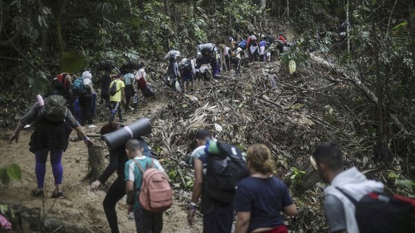 Migrantes cruzan el Tapón del Darién desde Colombia a Panamá en su largo y difícil viaje para llegar a Estados Unidos (archivo) - Sputnik Mundo