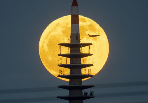 La luna se eleva detrás de la torre de televisión en Frankfurt, Alemania, mientras un avión pasa volando justo delante de ella.  - Sputnik Mundo