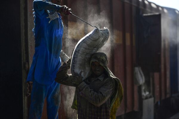 Un obrero descargando sacos de cemento de un tren de mercancías en Jalandhar, la India. - Sputnik Mundo