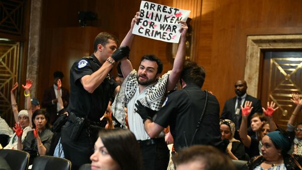 Un manifestante pro-Palestina interrumpe el discurso del secretario de Estado de EEUU, Antony Blinken, en el Senado - Sputnik Mundo