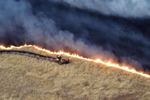 Esta foto publicada por el Departamento de Silvicultura y Protección contra Incendios de California muestra una excavadora trabajando contra un incendio de pastizales, EEUU. - Sputnik Mundo