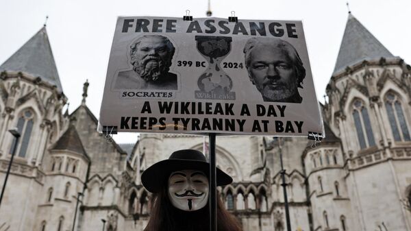 Un manifestante pide la liberación de Julian Assange durante una protesta en Londres - Sputnik Mundo