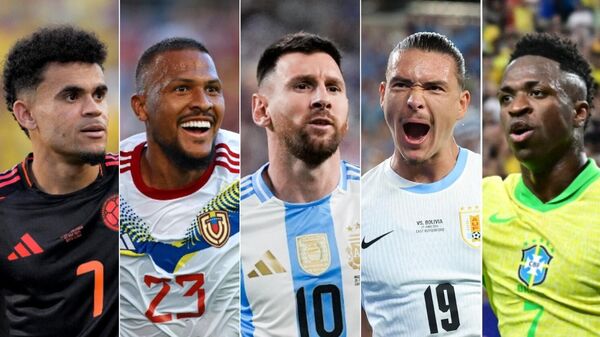 El futbolista colombiano Luis Díaz, el venezolano Salomón Rondón, el argentino Lionel Messi, el uruguayo Darwin Núñez y el brasileño Vinicius Júnior - Sputnik Mundo