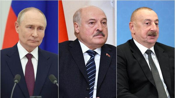 Los mandatarios de Rusia, Bielorrusia y Azerbaiyán, Vladímir Putin, Alexandr Lukashenko e Ilham Aliev - Sputnik Mundo