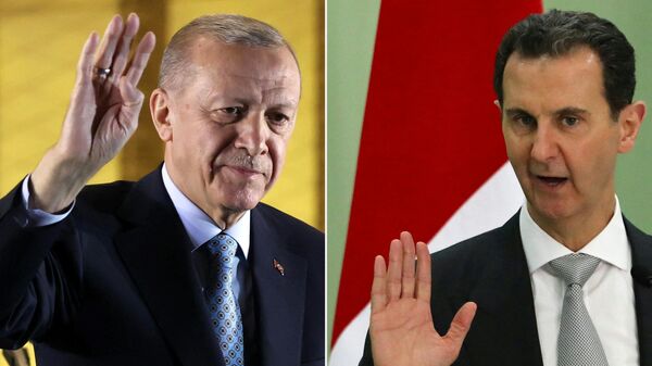 Recep Tayyip Erdogan, presidente turco, y Bashar Asad, presidente sirio - Sputnik Mundo