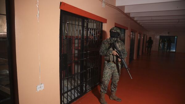 Un soldado hace guardia en la Penitenciaría del Litoral durante una gira de prensa organizada por los militares en Guayaquil, Ecuador, febrero de 2024 (imagen referencial) - Sputnik Mundo