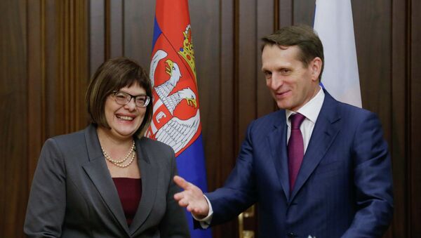 Presidenta del Parlamento de Serbia Maja Gojkovic y presidente del parlamento de Rusia Serguéi Narishkin - Sputnik Mundo