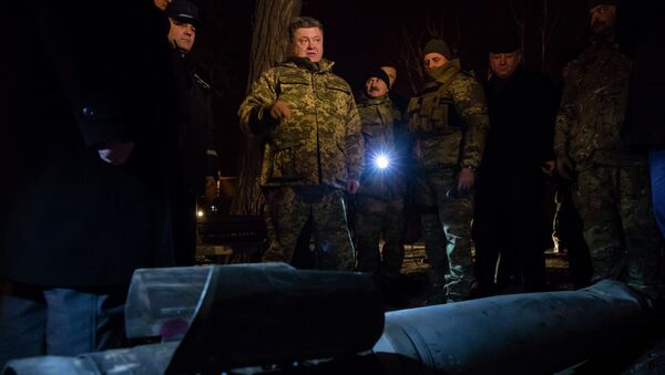 Ukrainian President Petro Poroshenko points at the remains of ammunition during a visit to Kramatorsk, late February 10, 2015 - Sputnik Mundo