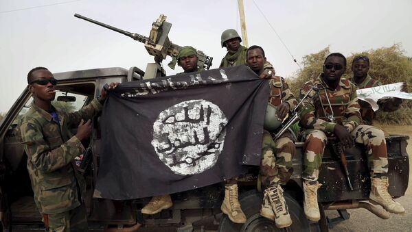 Nigerien soldiers hold up a Boko Haram flag that they had seized in the recently retaken town of Damasak, Nigeria, March 18, 2015 - Sputnik Mundo