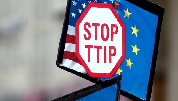 Manifestante lleva a cabo muestras durante una manifestación contra TTIP en Alemania (archivo) - Sputnik Mundo