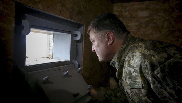 Presidente de Ucrania, Petró Poroshenko, inspecciona la construcción de fortificación en la región de Donetsk - Sputnik Mundo