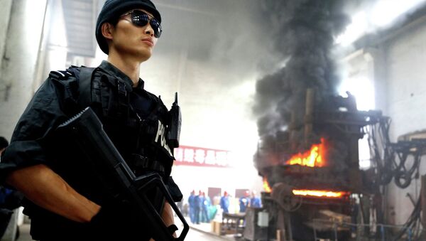 Agente de policía esta de guardia durante la destrucción de drogas en una empresa en Guiyang, China - Sputnik Mundo