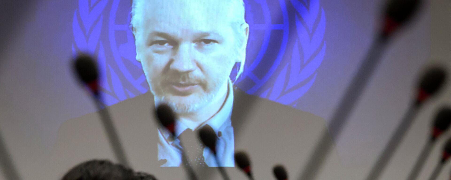 WikiLeaks founder Julian Assange is seen on a screen speaking via web cast from the Ecuadorian Embassy in London during an event on the sideline of the United Nations (UN) Human Rights Council session - Sputnik Mundo, 1920, 11.12.2021