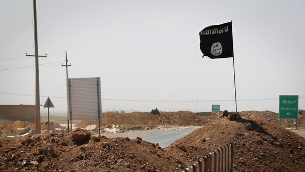A flag of the Islamic State is seen on the other side of a bridge at the frontline - Sputnik Mundo