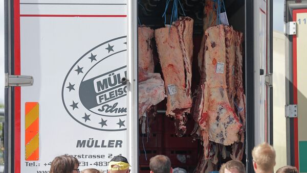 Los agricultores franceses examinan carga de un camión que transporta los productos alimenticios de países extranjeros, - Sputnik Mundo