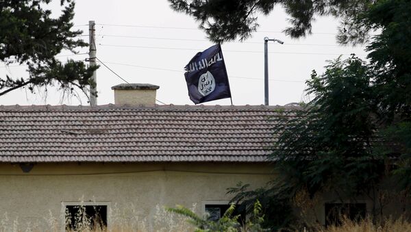 An Islamic State flag flies over the custom office of Syria's Jarablus border gate as it is pictured from the Turkish town of Karkamis - Sputnik Mundo