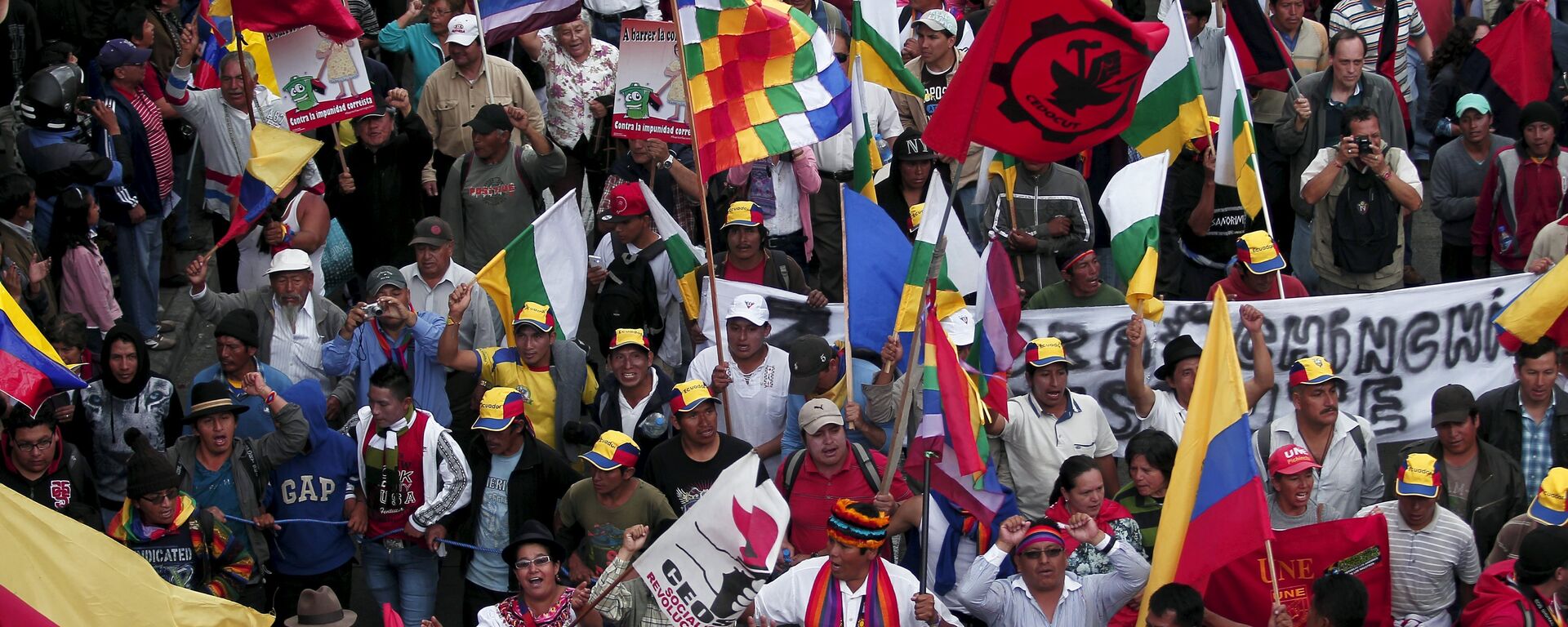 Protesters carry flags and banners while marching in Quito, Ecuador, August 12, 2015 - Sputnik Mundo, 1920, 29.10.2021
