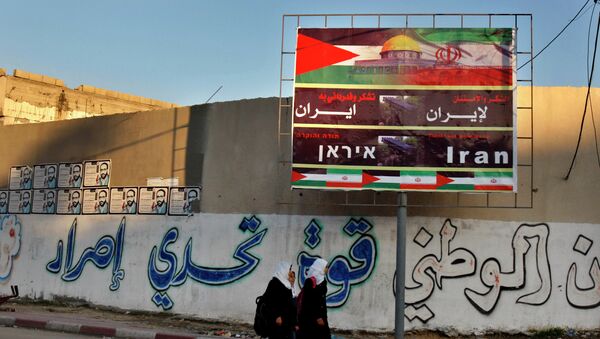 Póster con banderas de Irán y Palestina que dice: «Gracias a Irán» - Sputnik Mundo