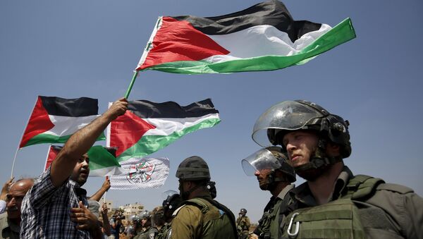 Policía israelí y los manifestantes con banderas de Palestina (archivo) - Sputnik Mundo