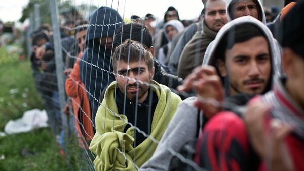 Refugiados esperan en una cola para subir a un autobús en Hegyeshalom, Hungría - Sputnik Mundo