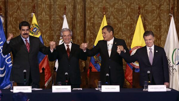 Presidente de Venezuela, Nicolás Maduro, presidente de Uruguay, Tabaré Vázquez, presidente de Ecuador, Rafael Correa, y presidente de Colombia, Juan Manuel Santos - Sputnik Mundo