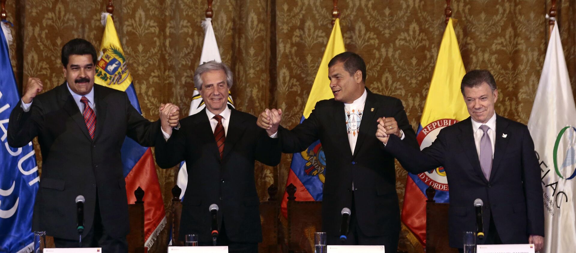 Presidente de Venezuela, Nicolás Maduro, presidente de Uruguay, Tabaré Vázquez, presidente de Ecuador, Rafael Correa, y presidente de Colombia, Juan Manuel Santos - Sputnik Mundo, 1920, 22.09.2015