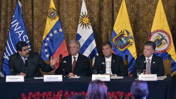 Juan Manuel Santos, Nicolás Maduro, Rafael Correa y Tabaré Vázquez - Sputnik Mundo