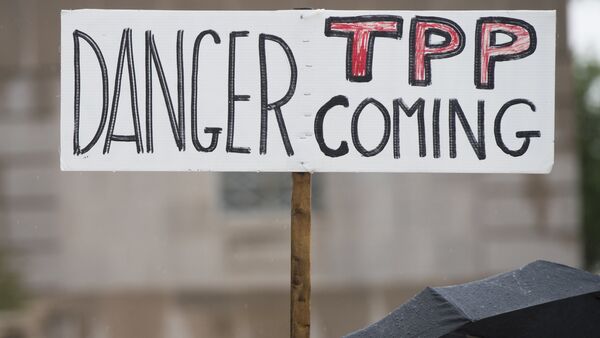 Demonstrators protest against the legislation to give US President Barack Obama fast-track authority to advance trade deals, including the Trans-Pacific Partnership (TPP), during a protest march on Capitol Hill in Washington, DC, May 21, 2015. - Sputnik Mundo