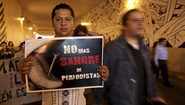 Un hombre lleva la pancarta que dice No más sangre de periodistas durante la manifestación para exigir justicia en el caso Regina Martinez - Sputnik Mundo