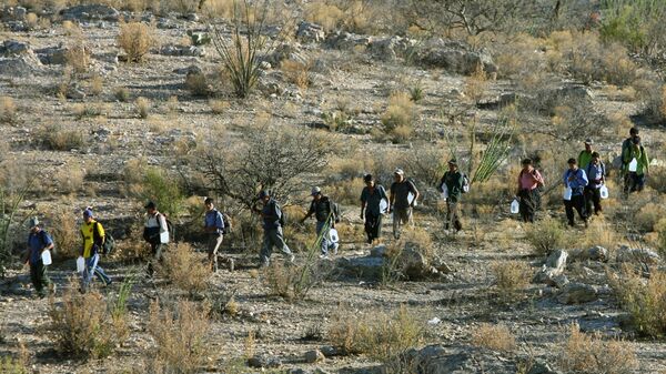 Mexican immigrants walk in line through the Arizona desert near Sasabe, Sonora state, in an attempt to illegally cross the Mexican-US border - Sputnik Mundo